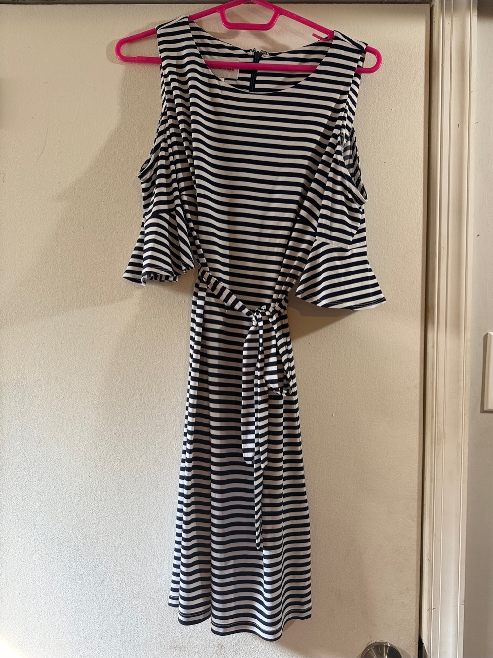 Donna Morgan Navy and White Striped Cold-Shoulder Midi Dress